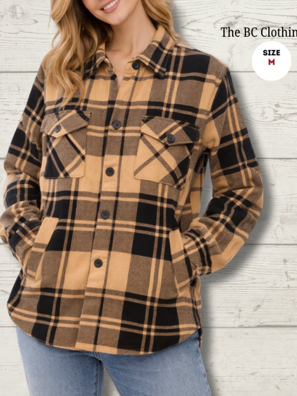 The BC Clothing Co Plaid Shacket | Size Medium | Tan & Black | Button Front | Po